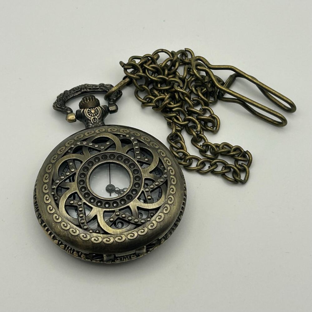 Decree Antiqued Bronze Finish Filigree Style Cover Pocket Quartz Watch